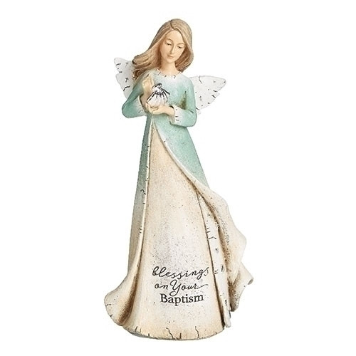 Blessings on Your Baptism Angel. Baptism Heavenly Blessings Angel is holding a shell and is 7"H. The bottom of the angels dress has the words "blessings on your baptism."  Blessings Angel is made of a resin/stone mix. 