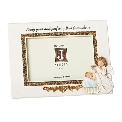 Hush a Bye Baby Photo Frame. This 6.5"H  Angel Watching Over Baby Photo Frame complements the Musical Hush a Bye Baby Musical Statue and Wall Cross. The Hush a Bye Baby Photo Frame is a resin stone mix. The frame hold a 6" X 4" photo. The Hush a Bye Baby Photo Frame is perfect for a newborn gift or baptis