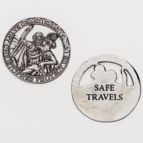 1.5"D St Christopher Travel Metal Pocket Token. Safe Travels written on the back of the cut out St Christopher Travel Pocket Token