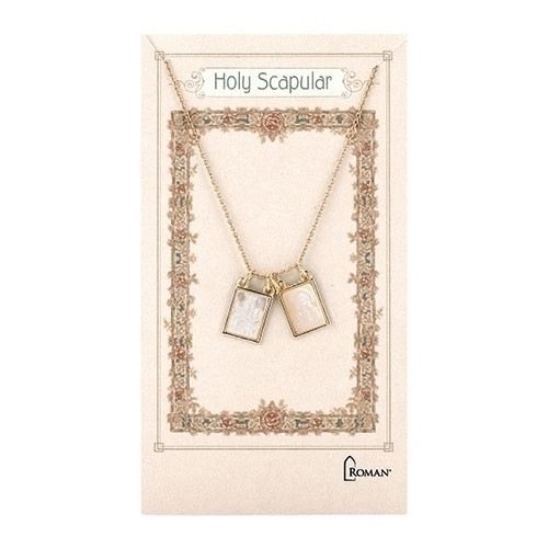 Gold Double Scapular Necklace. Scapular necklace is 18"L with a 2" extender. Scapular necklace comes carded. 