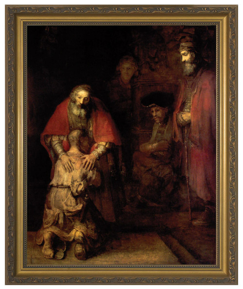 This quiet and touching image of the Prodigal Son by Rembrandt comes in an attractive gold frame under premium clear glass. A truly artistic and religious addition to any home!