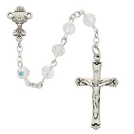 This beautiful First Communion Rosary is made of 6mm crystal beads. The Chalice Centerpiece and the Crucifix are made of rhodium. This First Communion Rosary presents in a white leatherette box. 