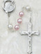 7 Millimeter Pink and Pearl Rosary. Rhodium Crucifix and Center. Deluxe Gift Box Included