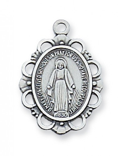 Antique Silver Pewter 3/4" x 1/2" Miraculous  Medal. Medal comes on an 18" rhodium plated chain. Deluxe Gift Box Included.