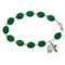 7 1/2" Sterling Silver Bracelet with green oval glass beads imprinted with shamrocks and miraculous medal and celtic cross charms