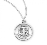Round Sterling Silver Guardian Angel Pendant. Guardian Angel Pendant is a solid .925 sterling silver.  Medal comes on an 18" Genuine rhodium plated curb chain. Dimensions: 0.9" x 0.5" (23mm x 13mm). Weight of medal: 4.0 Grams.  Made in the USA.