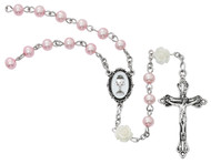 Holy Communion Rosary. This Holy Communion Rosary is made with 5mm pink beads and white flowers. Rosary comes in a deluxe gift box! 