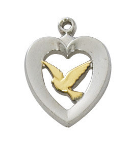 Tutone 1/2"  Sterling Silver Heart and Gold Holy Spirit Dove Medal. Dove in Heart Pendant comes on an 18" Rhodium Chain. Gift Box Included. Made in the USA