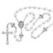 Holy Communion Rosary. This Holy Communion Rosary is made with 5mm white pearl beads and Pink Angel Our Father beads.  Rosary has a rhodium miraculous medal center piece and crucifix. Rosary comes in a gift box! 