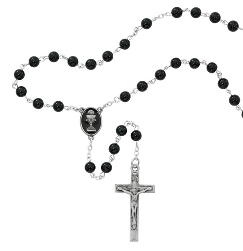Beautiful First Communion Rosary. This 6mm black onyx rosary has a black enameled pewter crucifix and a chalice centerpiece.  The rosary comes in a black gift box. Perfect keepsake rosary for years to come.  