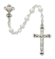 Holy Communion Rosary. This Holy Communion Rosary is made with 5mm white pearl beads. Rosary has a rhodium chalice center piece and crucifix. Rosary comes in a gift box! Dimensions: 18"L