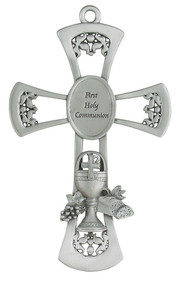 6" First Holy Communion Pewter Cross. Pewter Communiom cross has First Holy Communion written on cross. Wheat, grapes and chalice are on the bottom of the cross. A wonderful keepsake for years to come. 