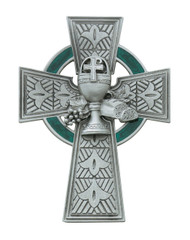 4 3/4" First Holy Communion Celtic Cross. Celtic Communion Cross is made in pewter. The celtic cross first holy communion cross has the wheat, grapes and chalice on the cross. A wonderful keepsake for years to come. 