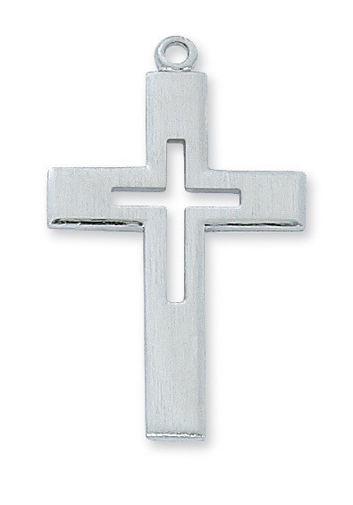 Sterling Silver Cross has a cut out cross in the middle of cross. Cross comes on a 24" rhodium chain. Dimension: 1-3/8"L.  Cross is gift boxed.