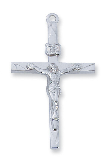 Sterling Silver Crucifix. Crudifix comes on a 24" rhodium chain. Dimension: 1 6/16"L.  Crucifix is gift boxed.