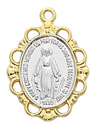 Gold over Sterling Silver Two Tone Miraculous Medal. Miraculous Medal comes on an 18" rhodium plated chain. Medal comes in a gift box. Medal is 3/4" long.