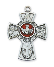 Sterling Silver 4 Way Holy Spirit with Red Enameled Center. Sterling Silver enameled holy spirit 4 way cross comes on a 24" rhodium plated chain. Dimensions: 1 1/4" 