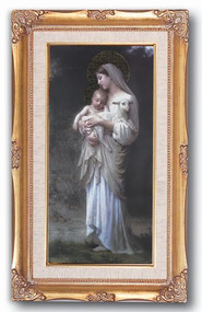 Bougeureau Divine Innocence in an ornate Gold Leaf Frame.  Prints are backed with sturdy artboard, matted and then set in a wood frame, ready for hanging. Italian Lithograph Under Glass. Print   Size: 11" x 19"