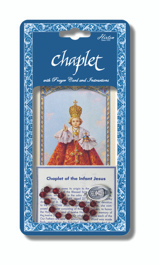Infant of Prague Deluxe Chaplet with Dark Red Glass Beads.  Packaged with a Laminated Holy Card & Instruction Pamphlet.  Overall 6.5” x 3.5”.