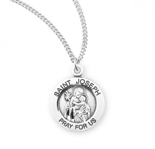 Saint Joseph round medal-pendant.
Solid .925 sterling silver.
Saint Joseph is the Patron Saint of fathers, workers, carpenters, and the church, as well as being the foster father of Our Lord Jesus.
Dimensions: 0.7" x 0.6" (18mm x 15mm)
Weight of medal: 1.7 Grams.
18" Genuine rhodium plated curb chain.
Made in USA.
Included-gift box.
