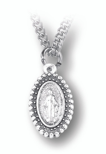1" Beaded Miraculous Medal with 18" Chain. Silver Oxidised