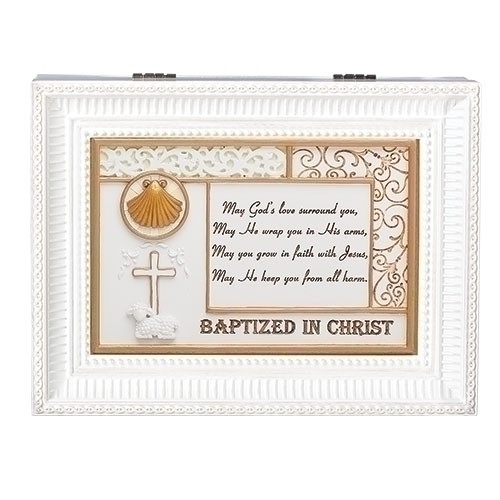 "Baptized in Christ" White Wood Wind up Music Box. Music Box plays "What a Friend We Have in Jesus". Saying reads: "May God's love surround you, May He wrap you in His arms, May you grow in faith with Jesus, May He keep you from all harm." Measurement: 8"L X 6"W X 3"H. Made of Plastic and Metal.