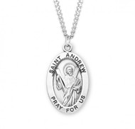 Patron Saint of Fishermen and Sailors. Large oval St Andrew medal is .925 solid sterling silver. St Andrew medal comes on a 24" genuine rhodium plated endless curb chain.  Dimensions: 1.1" x 0.7" (27mm x 17mm). Weight of medal: 2.8 Grams. Comes in a deluxe velour gift box. Engraving option available.  Made in USA