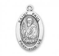 Patron Saint of Priests and Musicians. Large oval St Paul medal is .925 solid sterling silver. St Paul medal comes on a 24" genuine rhodium plated endless curb chain.  Dimensions: 1.1" x 0.7" (27mm x 17mm). Weight of medal: 2.8 Grams. Comes in a deluxe velour gift box. Engraving option available.  Made in USA