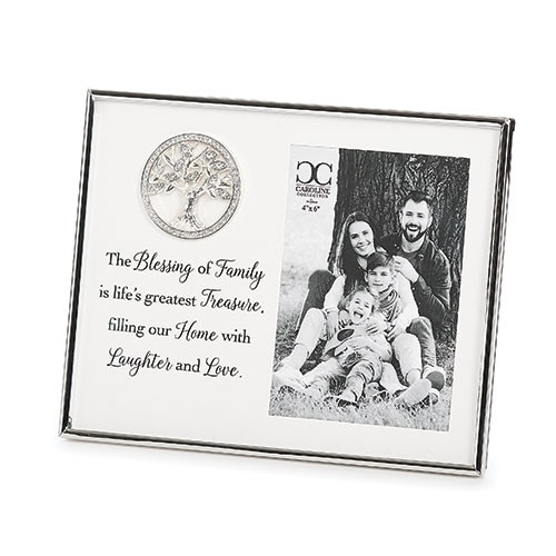 7" Family Tree Frame. Tree of Life Family frame that holds a 4" x 6" picture. 7" Family Tree Photo Frame is  made of a resin/stone mix. "The Blessing of Family is life's greatest Treasure, filling our Home with Laughter and Love." 