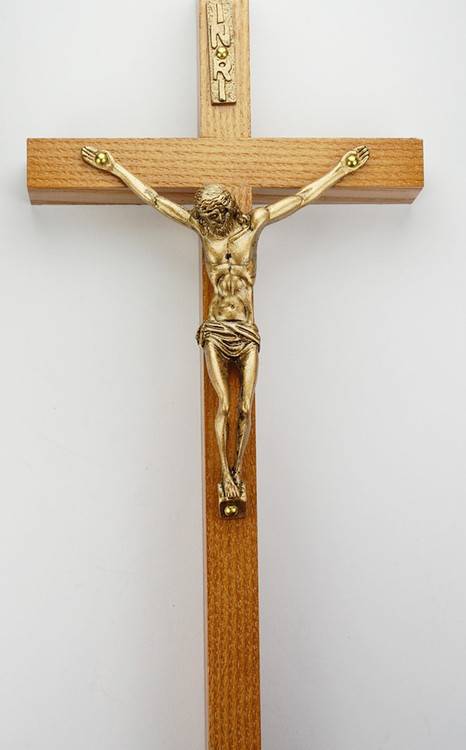 10" walnut stained  crucifix with a gold corpus and INRI. Comes Bagged. Made in the USA.