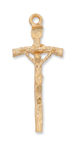 Gold over Sterling Silver Papal Crucifix.  Papal Crucifix comes on a 24" gold plated chain. Crucifix is 2 1/16"L. Comes in a gift box. 