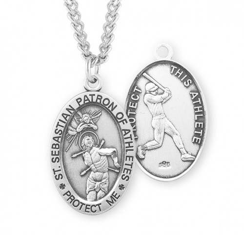 Sterling Silver Saint Sebastian Baseball Oval Medal-Pendant. Patron Saint of Athletes.   Front of medal shows St Sebastian while the back of the medal shows a baseball player. St. Sebastian sterling silver medal comes on a  24" Genuine rhodium plated endless curb chain. Dimensions: 1.1" x 0.7" (27mm x 17mm)  Weight of medal: 3.7 Grams.  Deluxe velvet gift box is included. Made in USA.
