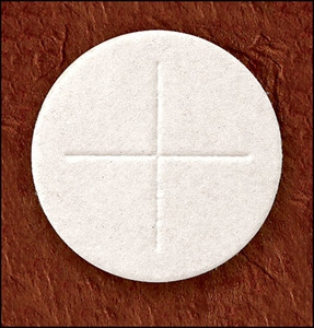An image of a single communion wafer with a Cross indentation on it.
 St Jude Shop has so many different church supplies for sale, including many sizes of altar bread.
1 ⅜ Diameter with Cross Design
Available in White or Whole Wheat
Offered in quantities of 500 or 1000
Freshly made in Greenville, RI, with pure flour and water with no additives
Subject to inspection by the FDA and RI Department of Health
Buy altar bread as well as many other church supplies from St. Jude Shop today!