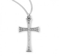 Sterling Silver Detailed cross. Solid .925 sterling silver.  Dimensions: 1.3" x 0.7" (32mm x 18mm).  Weight of medal: 1.5 Grams.  20" Genuine rhodium plated curb chain.  Made in USA.  Deluxe velvet gift box.