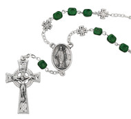 Irish Celtic Cross/St Patrick Auto Rosary. Rosary has Square Green Glass Beads and comes carded. Auto Rosary has a silver ox crucifix and center. Comes carded. Made in Italy