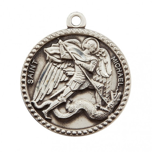 Sterling Silver St. Michael medal depicts the Archangel defeating the Devil. St. Michael is the patron saint of Police, and Law Enforcement. The St. Michael medal comes with a 24" genuine rhodium-plated, endless curb chain.  Dimensions:1.0" x 0.9"; Weight of medal: 5.0 Grams.  Medal comes in a  gift box and is made in the USA.