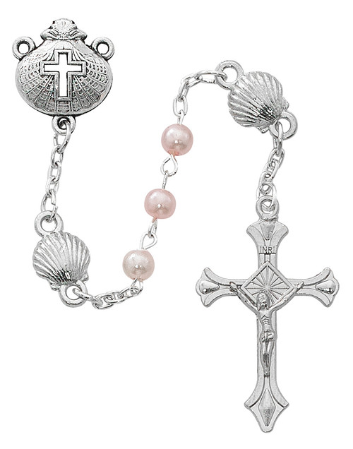 4mm Pink Pearl Beads and Silver Oxidized Baptism Shell Charms for the Our Father Beads and Centerpiece.  Baby rosary comes in a gift box. Made in the USA