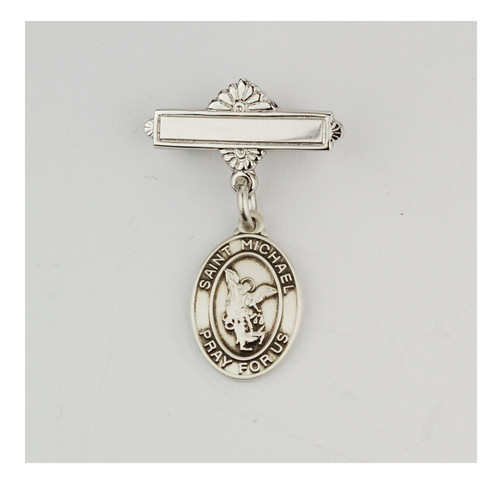 Sterling Silver St Michael Baby Bar Pin. St Michael Baby Bar Pin is made of .925 Sterling Silver.  Engraving on bar available. Comes in a deluxe velour gift box. Made in USA.