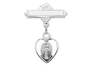 Sterling Silver Pierced Heart Miraculous Medal Baby Bar Pin. Miraculous Medal in Heart  Baby Bar Pin is made of .925 Sterling Silver.  Engraving on bar available. Comes in a deluxe velour gift box. Made in USA.