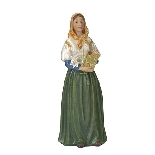 St Dymphna Figure from the Patrons and Protector Series. Statue dimensions are 3.75"H X 1.5"W and is made of resin. St. Dymphna is known as the Lily of Éire and is the patron saint of the mentally illness and anxiety
