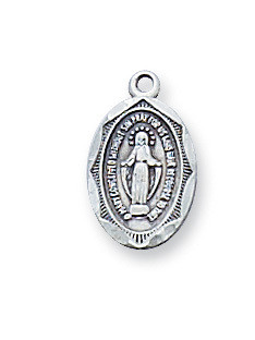 Sterling Silver Miraculous Medal. Medal measures 1/2" in length. Miraculous Medal pendant comes on an 18" rhodium plated chain and includes a deluxe gift box. Made in the USA. 