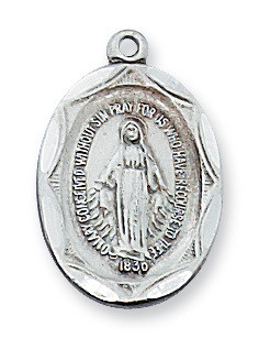 3/4" x 1/2" Sterling Silver Miraculous Medal. Medal comes on an 18" Rhodium Plated or Gold Plated Chain.  Medal come in a deluxe gift box and is made in the USA