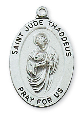Sterling Silver Saint Jude 1 1/16" Oval Medal.  St Jude medal comes on a 20" Rhodium Plated Chain.  Deluxe Gift Box Included. Made in the USA