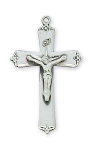 Sterling Silver Crucifix.  1 1/16" Sterling Silver Crucifix comes on an 18" rhodium plated chain. Crucifix comes boxed and is made in the USA