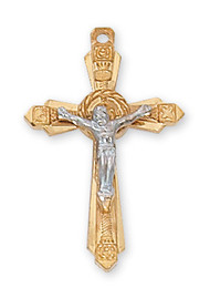 1" Gold and Sterling Silver Two Toned Crucifix and Chain. Crucifix comes on an 18" Rhodium Plated Chain. A deluxe gift box is included. Made in the USA!