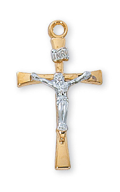 Tutone Sterling Silver Crucifix. 1" Sterling Silver Crucifix comes on an 18" rhodium plated chain. Crucifix comes boxed and is made in the USA