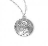 Our Lady of Perpetual Help Round .925 Sterling Silver Medal.  Dimensions: 0.9" x 0.7" (22mm x 19mm).   Weight of medal: 3.9 Grams. medal comes on an 18" Genuine rhodium plated curb chain.  Made in USA. Deluxe velvet gift box included. Engraving available