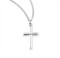 Sterling Silver Angle Edged High Polished Cross  Dimensions:  0.9" x 0.6" (24mm x 14mm).  Weight of medal: 1.0 Grams. Medal comes on an 18" genuine rhodium plated curb chain.  Made in USA. Deluxe velvet gift box included. 