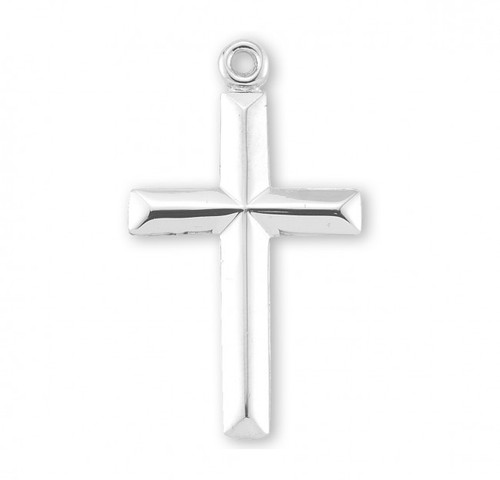 Sterling Silver Angle Edged High Polished Cross  Dimensions:  0.9" x 0.6" (24mm x 14mm).  Weight of medal: 1.0 Grams. Medal comes on an 18" genuine rhodium plated curb chain.  Made in USA. Deluxe velvet gift box included. 