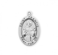  St. Francis .925 Sterling Silver Oval Medal.  Dimensions:  1.3" x 0.8" (32mm x 20mm).   Weight of medal: 4.9. Medal comes on a 24" genuine rhodium plated curb chain.  Made in USA. Deluxe velvet gift box included. Engraving available. 